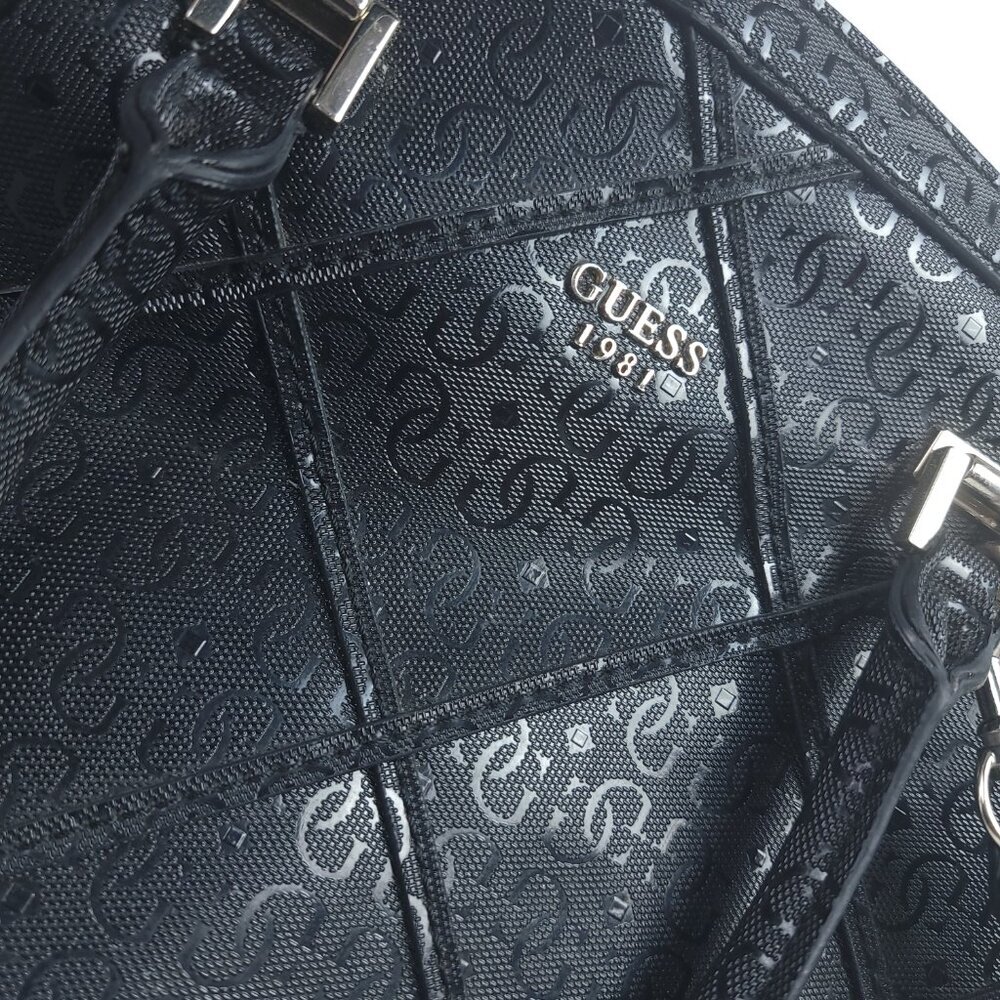 GUESS 1981 Black Logo Satchel Handbag PVC Monogram Boston Bag w/ Strap - Picture 5 of 15